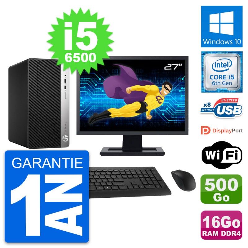 PC de escritorio HP ProDesk 400 G4 MT - Pantalla de 27'', Intel Core i5-6500, 16 GB RAM, 500 GB HDD, Windows 10, Wifi
