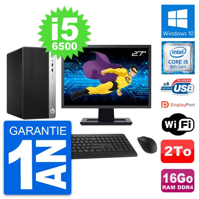 HP ProDesk 400 G4 MT Desktop Computer, 27" Screen, Intel i5-6500, 16GB RAM, 2TB Storage, Windows 10, Wifi