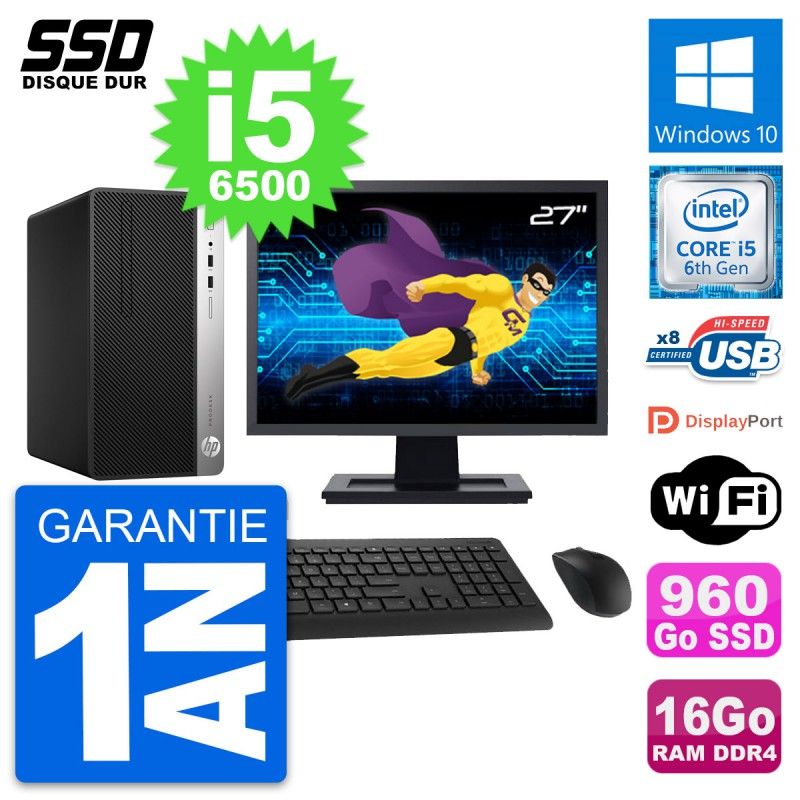HP ProDesk 400 G4 MT Desktop PC - 27" Screen, Intel i5-6500, 16GB RAM, 960GB SSD, Windows 10, WiFi