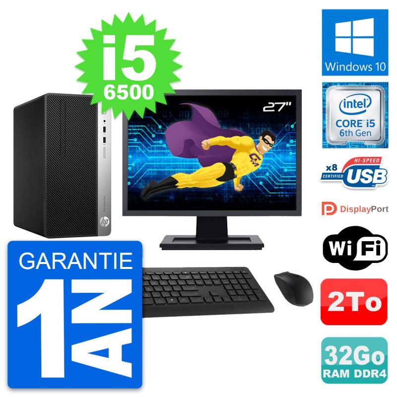 HP ProDesk 400 G4 MT Desktop Computer, 27" Screen, Intel i5-6500, 32GB RAM, 2TB Storage, Windows 10, WiFi