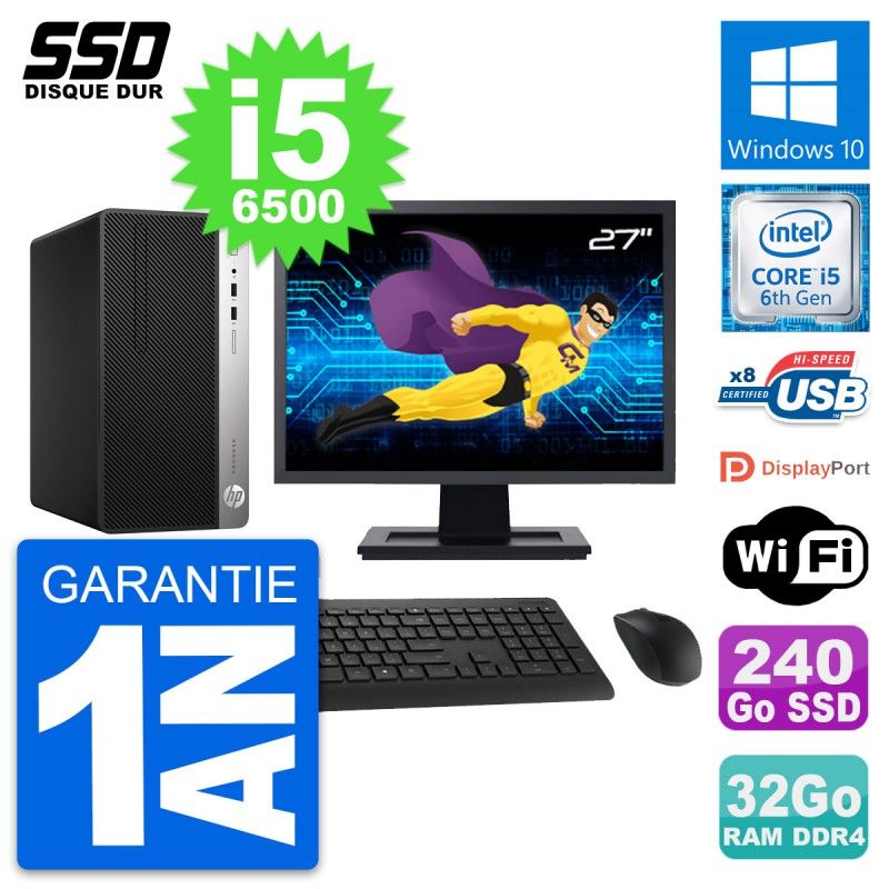 HP ProDesk 400 G4 MT Desktop Computer, 27" Display, Intel i5-6500, 32GB RAM, 240GB SSD
