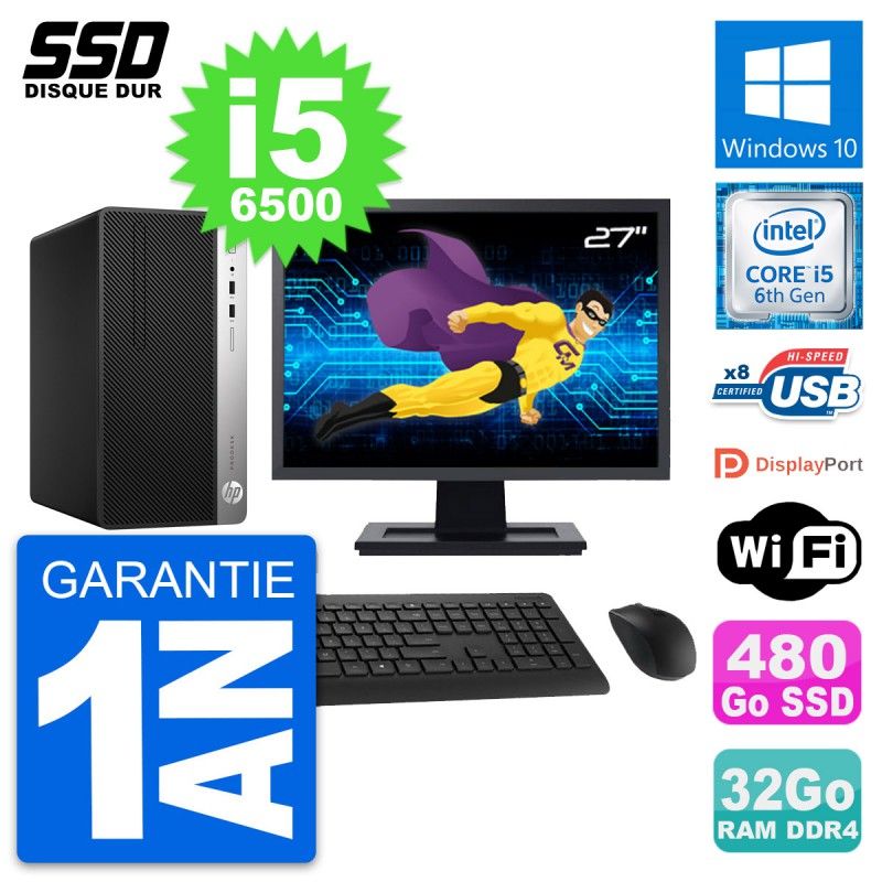 HP ProDesk 400 G4 MT Desktop Computer, 27" Display, Intel i5-6500, 32GB RAM, 480GB SSD, Windows 10, WiFi