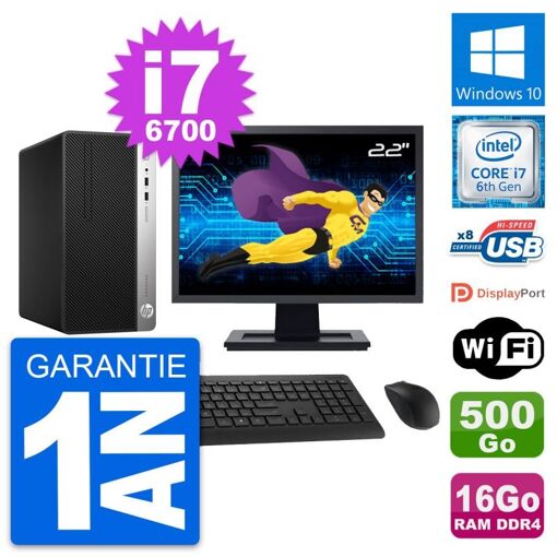 PC de sobremesa HP ProDesk 400 G4 MT - Pantalla de 22', Intel Core i7-6700, 16 GB de RAM, Disco duro de 500 GB, Windows 10, WiFi