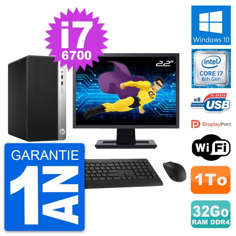 HP ProDesk 400 G4 MT Desktop PC - 22" Screen, Intel i7-6700, 32GB RAM, 1TB HDD, Windows 10, WiFi
