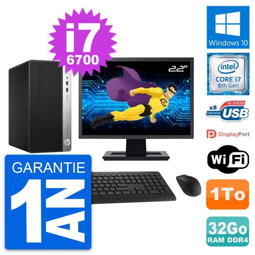 PC de escritorio HP ProDesk 400 G4 MT - Pantalla de 22', Intel i7-6700, 32GB de RAM, 1TB HDD, Windows 10, WiFi