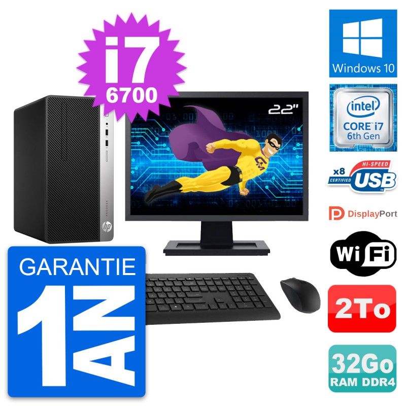 HP ProDesk 400 G4 MT Desktop Computer, 22" Screen, Intel i7-6700, 32GB RAM, 2TB Storage, Windows 10, WiFi