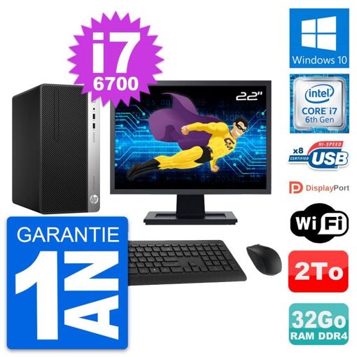 PC de sobremesa HP ProDesk 400 G4 MT, pantalla de 22', procesador Intel i7-6700, 32 GB de RAM, 2 TB de almacenamiento, Windows 10, WiFi