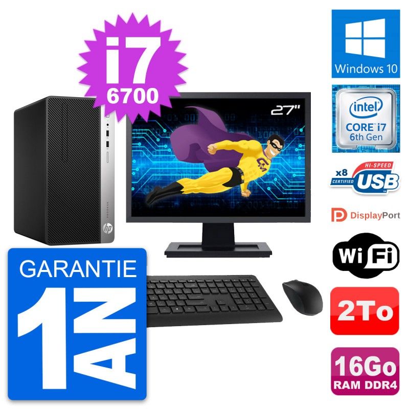 HP ProDesk 400 G4 MT Desktop Computer, 27" Screen, Intel i7-6700, 16GB RAM, 2TB Storage, Windows 10, WiFi