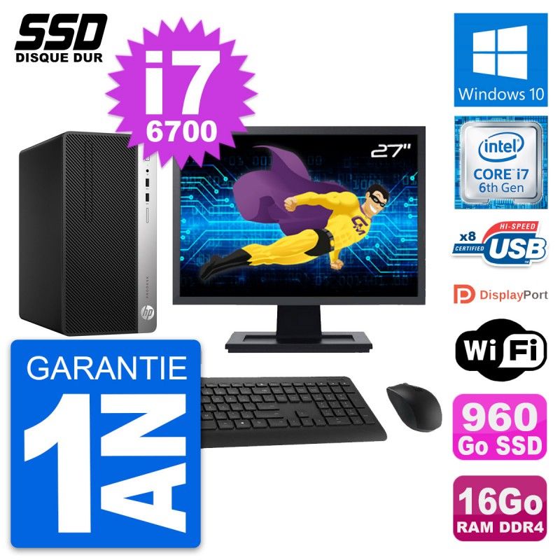 HP ProDesk 400 G4 MT Desktop PC - 27" Screen, Intel i7-6700, 16GB RAM, 960GB SSD, Windows 10, WiFi