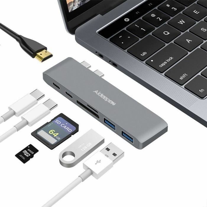 Aideepen USB-C 7-in-1 Hub - 60W PD Charging - 4K HDMI - Compatible with iPad Pro 2018 (Black, 128GB)