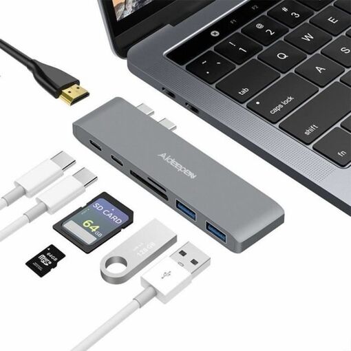 Aideepen USB-C 7-in-1 Hub - 60W PD Charging - 4K HDMI - Compatible with iPad Pro 2018 (Black, 128GB)