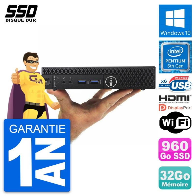 Dell Mini PC 3050 - Pentium G4400T, 32GB RAM, 960GB SSD, HDMI, WiFi, Windows 10