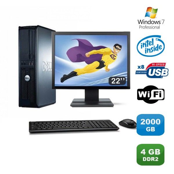 Dell Optiplex 760 DT Desktop PC - Dual Core E5200, 2.5GHz, 4GB RAM, 2TB HDD, WiFi, Windows 7 Pro + 22" Monitor
