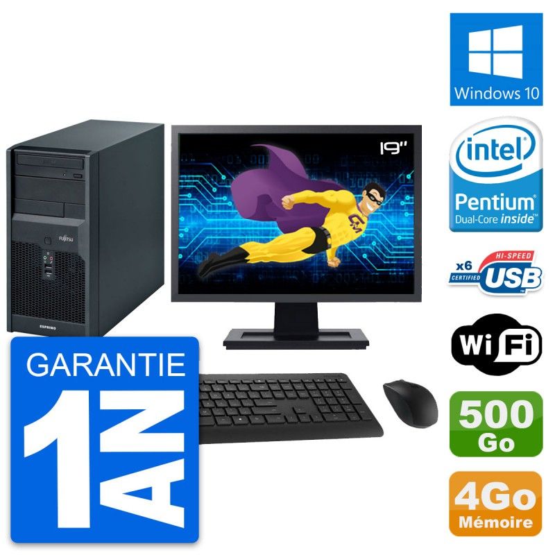 Fujitsu P2560 Desktop PC - 19" Screen, Intel E5500, 4GB RAM, 500GB HDD, Windows 10, WiFi
