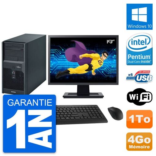 PC de escritorio Fujitsu Esprimo P2560, pantalla de 19", procesador Intel E5500, 4GB de RAM, disco duro de 1TB, Windows 10, WiFi