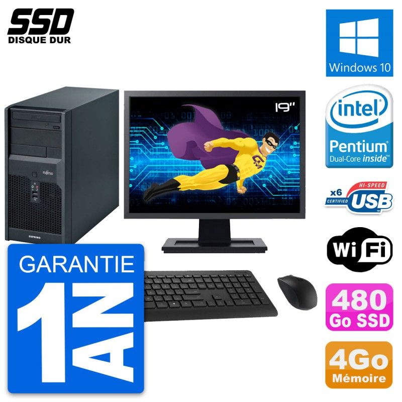 Fujitsu P2560 Desktop PC - 19" Screen, Intel E5500, 4GB RAM, 480GB SSD, Windows 10, WiFi