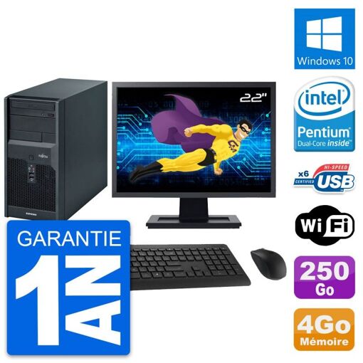 PC de escritorio Fujitsu Esprimo P2560 - Pantalla de 22', Procesador Intel Pentium E5500, 4GB de RAM, Disco duro de 250GB, Windows 10, WiFi
