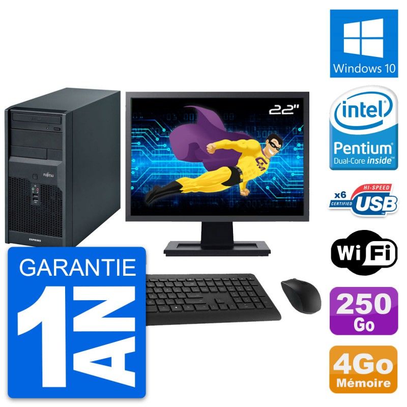 Fujitsu Esprimo P2560 Desktop PC - 22" Screen, Intel Pentium E5500, 4GB RAM, 250GB HDD, Windows 10, WiFi