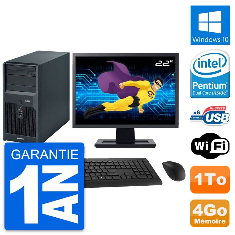Fujitsu Esprimo P2560 Desktop PC - 22" Screen, Intel Pentium E5500, 4GB RAM, 1TB HDD, Windows 10, WiFi