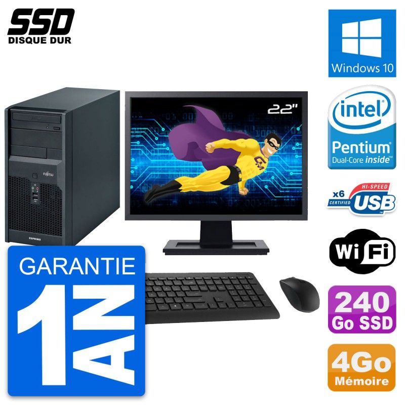 Fujitsu P2560 Desktop PC - 22" Screen, Intel E5500, 4GB RAM, 240GB SSD, Windows 10, WiFi