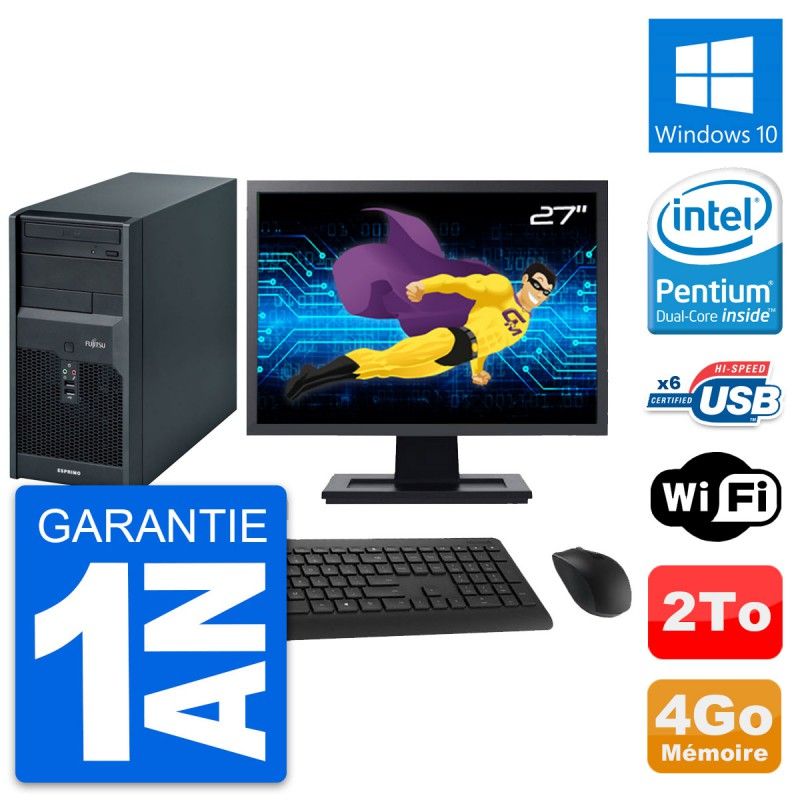 Fujitsu P2560 Desktop Computer, 27" Screen, Intel E5500, 4GB RAM, 2TB HDD, Windows 10, WiFi