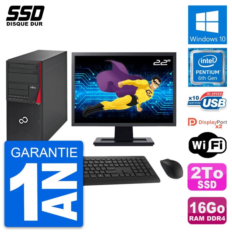 Fujitsu Esprimo P756 MT Desktop Computer, 22" Screen, Intel Pentium G4400, 16GB RAM, 2TB SSD, Windows 10, WiFi