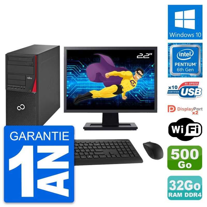 Fujitsu P756 22-Inch PC Tower - Intel G4400, 32GB RAM, 500GB Disk, Windows 10, WiFi
