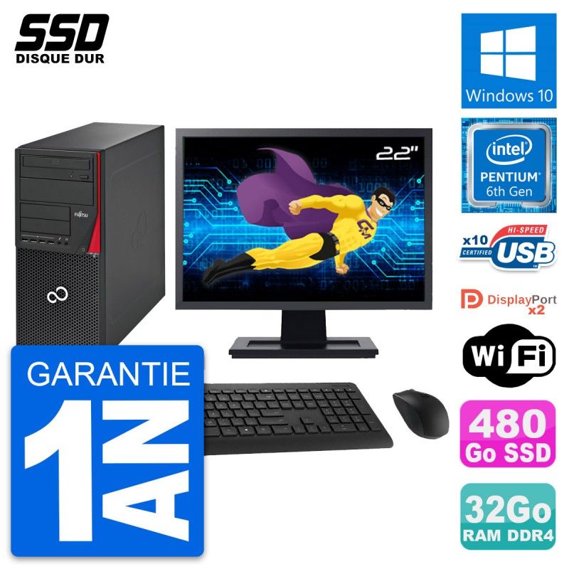 Fujitsu P756 22-inch PC Tower - Intel Pentium G4400, 32GB RAM, 480GB SSD, Windows 10, WiFi