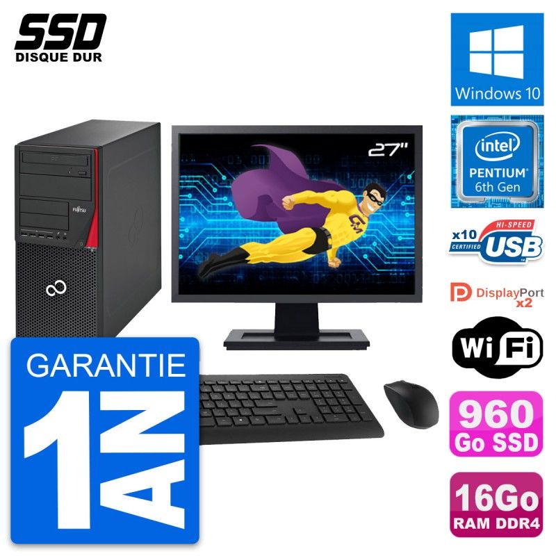 Fujitsu P756 27-Inch PC Tower - Intel Pentium G4400, 16GB RAM, 960GB SSD, Windows 10, WiFi
