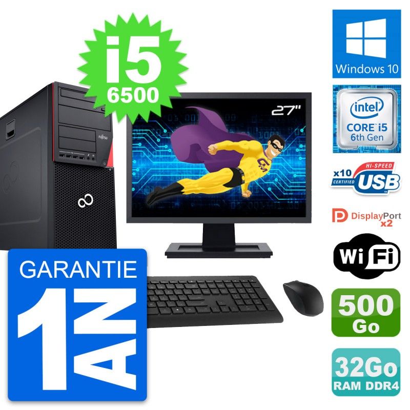Fujitsu P756 MT Desktop Computer - 27" Screen, i5-6500, 32GB RAM, 500GB Disk, Windows 10, Wifi