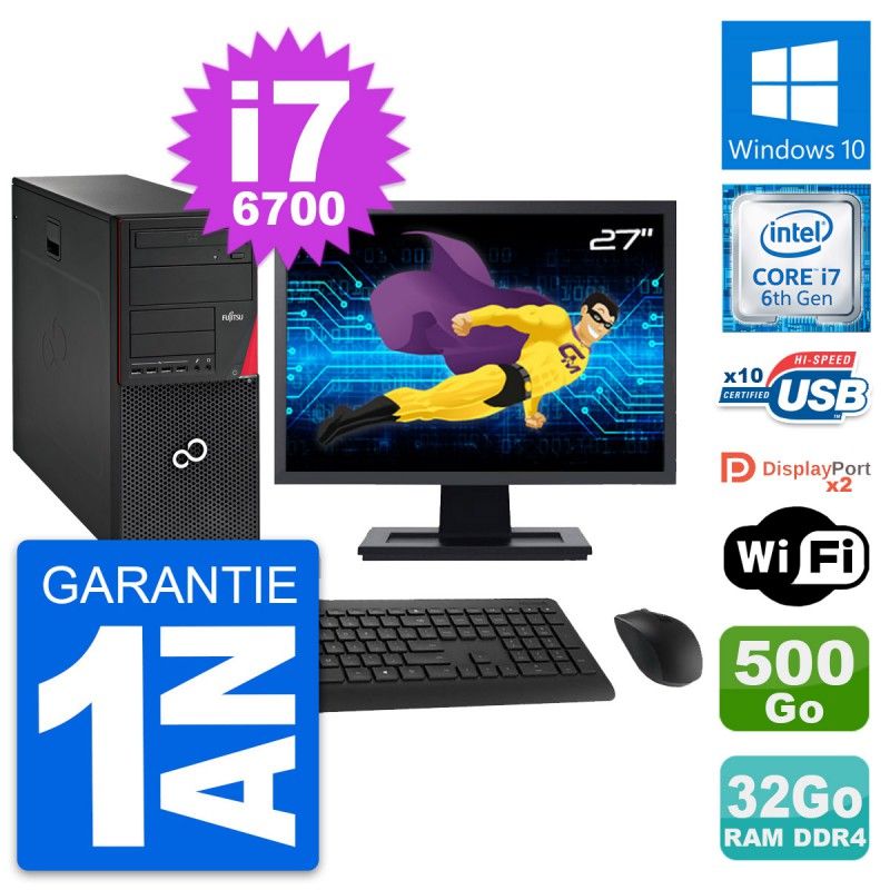 Fujitsu P756 MT Desktop PC - 27" Screen, i7-6700, 32GB RAM, 500GB HDD, Windows 10, WiFi