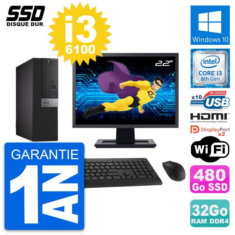 Dell OptiPlex 5050 SFF Computer - 22' Screen, Core i3-6100, 32GB RAM, 480GB SSD