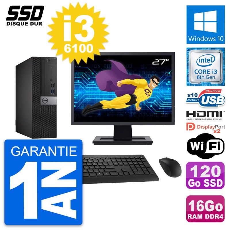 Dell OptiPlex 5050 SFF Computer - 27" Screen, Core i3-6100, 16GB RAM, 120GB SSD, HDMI