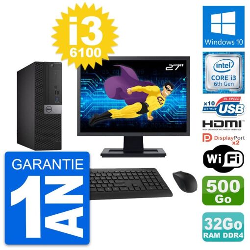 Computadora de escritorio Dell OptiPlex 5050 SFF - Pantalla de 27", Intel Core i3-6100, 32 GB RAM, 500 GB HDD, HDMI