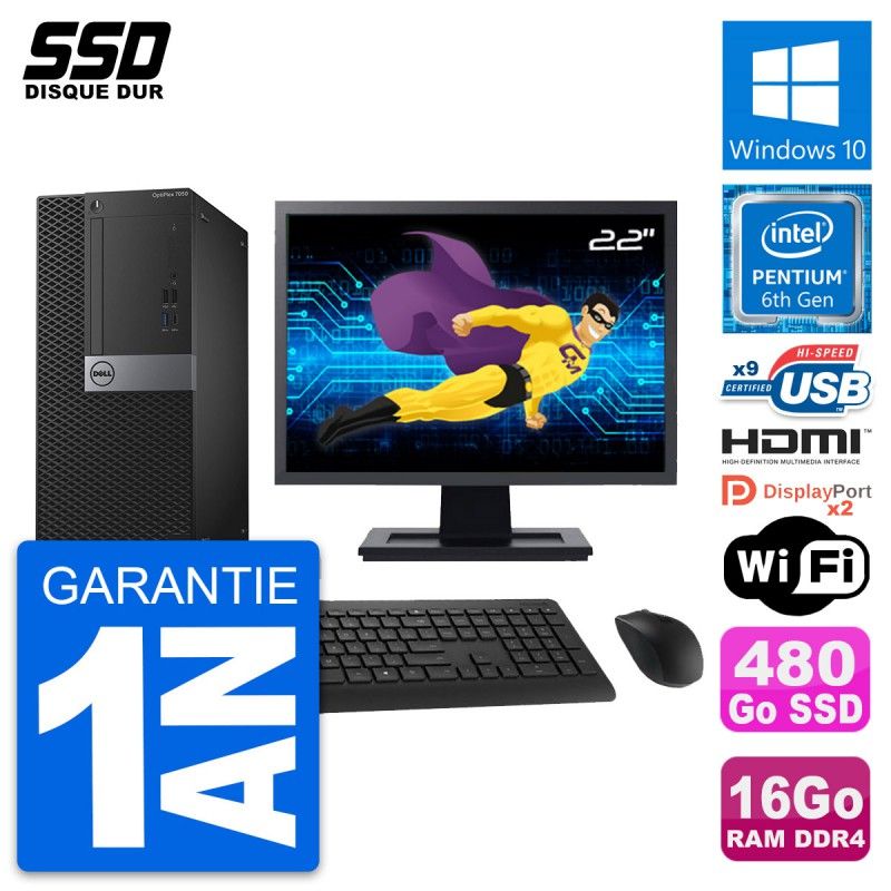 Dell OptiPlex 7050 Desktop Computer, 22" Screen, Intel G4400, 16GB RAM, 480GB SSD, HDMI, WiFi