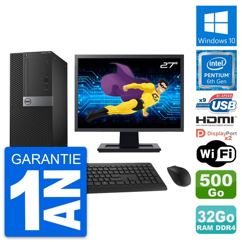 Dell OptiPlex 7050 Desktop PC - 27" Display, Intel Pentium G4400, 32GB RAM, 500GB HDD, HDMI