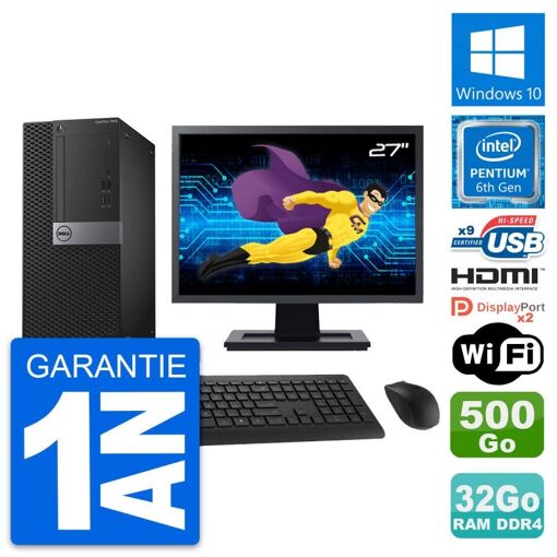 PC de escritorio Dell OptiPlex 7050 - Pantalla de 27", Procesador Intel Pentium G4400, 32GB de RAM, 500GB HDD, HDMI