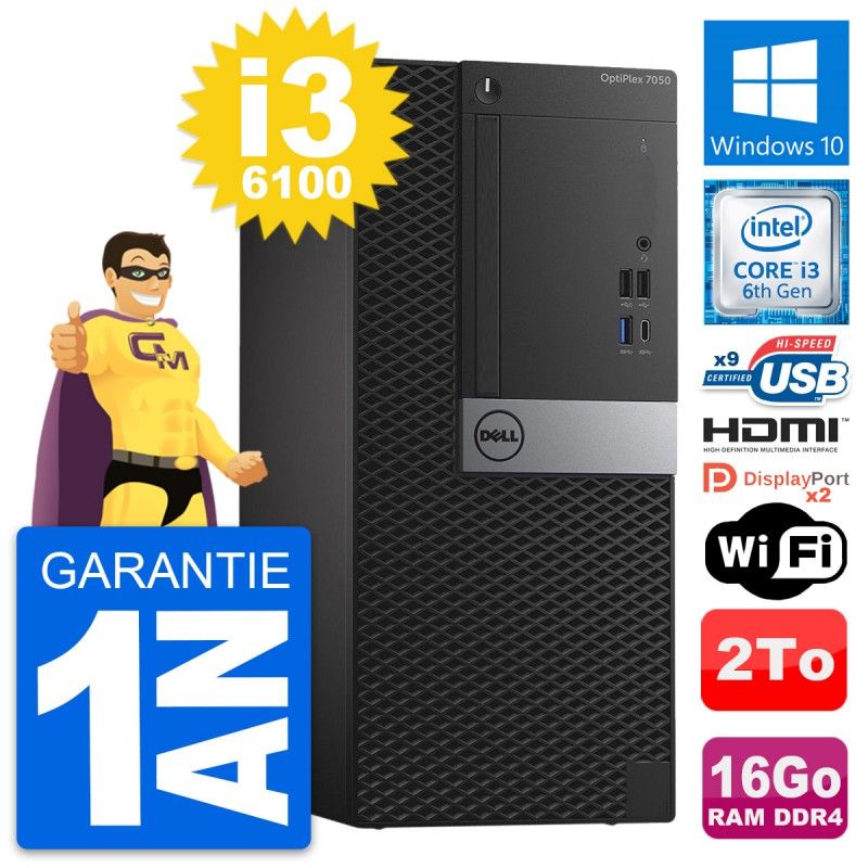 Dell OptiPlex 7050 Desktop PC - Core i3-6100, 16GB RAM, 2TB HDD, HDMI, WiFi, Windows 10