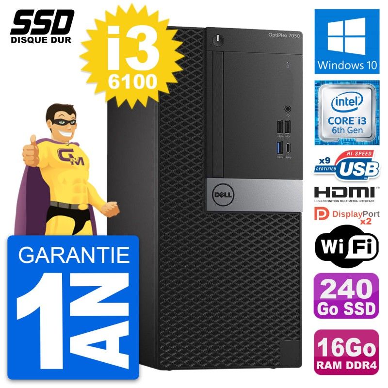 Dell OptiPlex 7050 Desktop PC - Intel i3-6100, 16GB RAM, 240GB SSD, HDMI, Wi-Fi, Windows 10