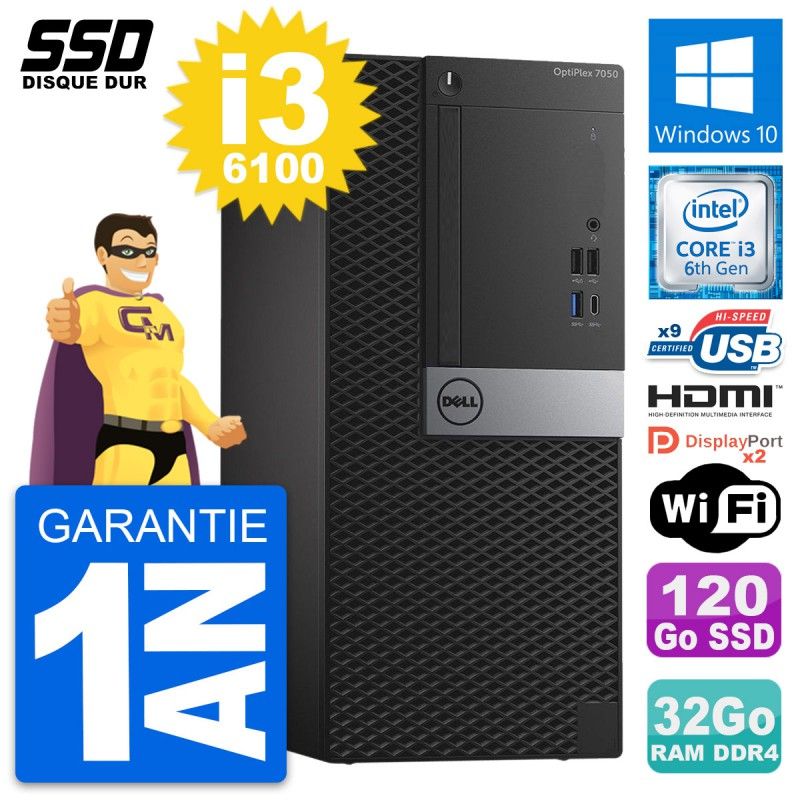 Dell OptiPlex 7050 Desktop PC - Intel i3-6100, 32GB RAM, 120GB SSD, HDMI, WiFi, Windows 10