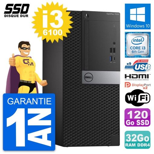 PC de escritorio Dell OptiPlex 7050 - Intel i3-6100, 32GB de RAM, 120GB SSD, HDMI, WiFi, Windows 10
