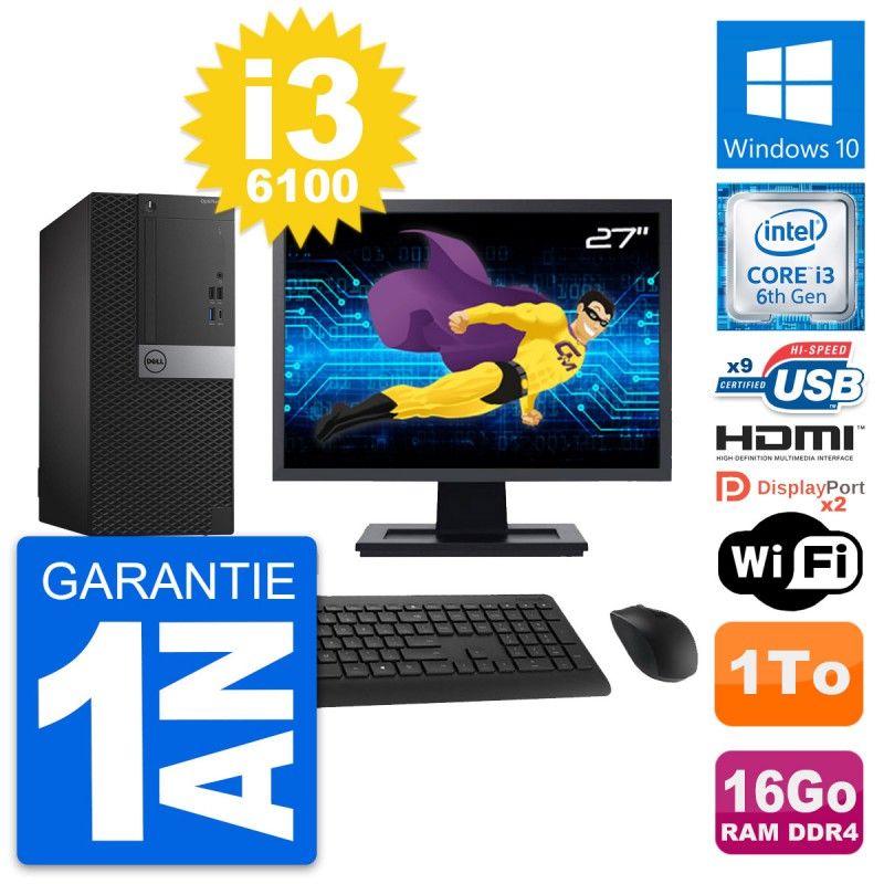 Dell OptiPlex 7050 Desktop PC - 27" Screen, i3-6100, 16GB RAM, 1TB Storage, HDMI, Wi-Fi