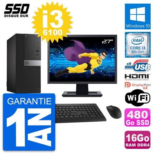 PC de escritorio Dell OptiPlex 7050 - Pantalla de 27', Intel Core i3-6100, 16GB de RAM, 480GB SSD, HDMI