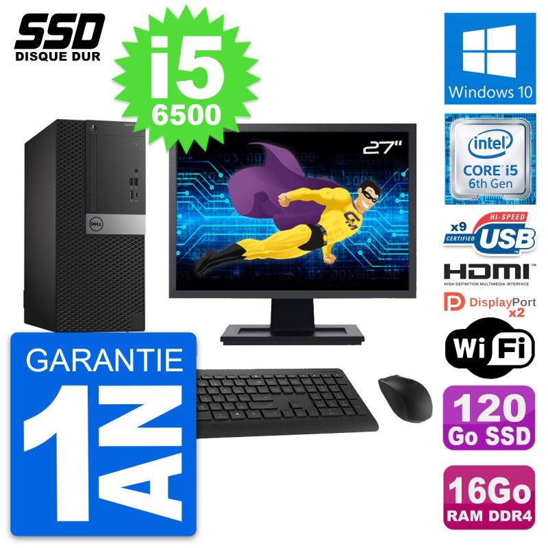 Dell OptiPlex 7050 Desktop Computer - 27" Screen, Core i5-6500, 16GB RAM, 120GB SSD, HDMI, WiFi, Windows 10