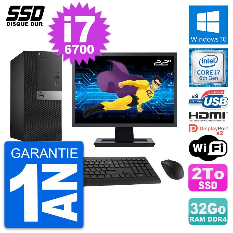 Dell OptiPlex 7050 Desktop Computer - 22" Screen, Intel i7-6700, 32GB RAM, 2TB SSD, HDMI, WiFi