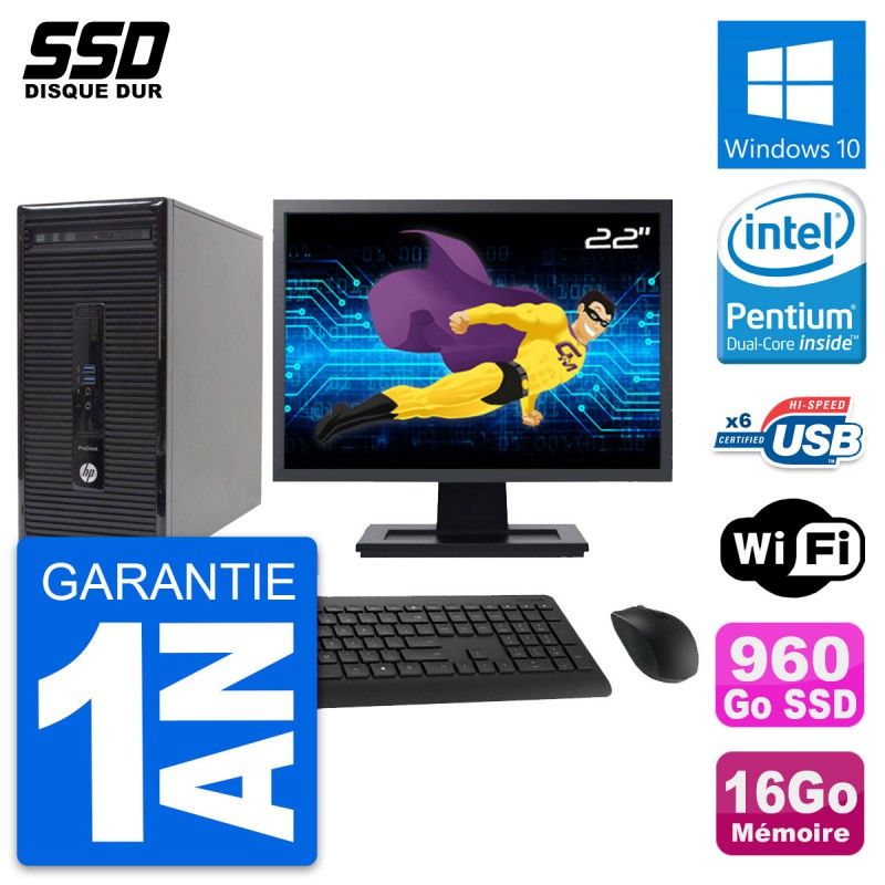 HP ProDesk 400 G2 MT Desktop PC - 22" Screen, Intel Pentium G3220, 16GB RAM, 960GB SSD, Windows 10, WiFi