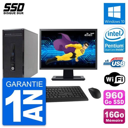 PC de escritorio HP ProDesk 400 G2 MT - Pantalla de 22', Procesador Intel Pentium G3220, 16GB de RAM, 960GB SSD, Windows 10, WiFi