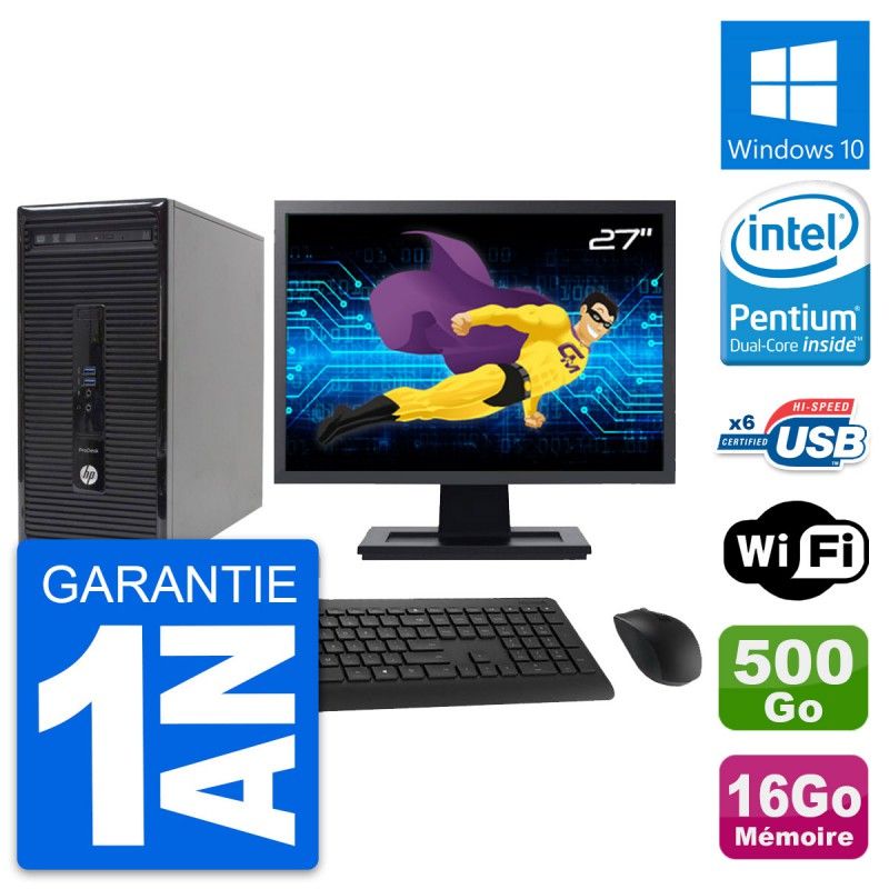 HP ProDesk 400 G2 MT Desktop PC - 27" Screen, Intel Pentium G3220, 16GB RAM, 500GB Hard Drive, Windows 10, WiFi