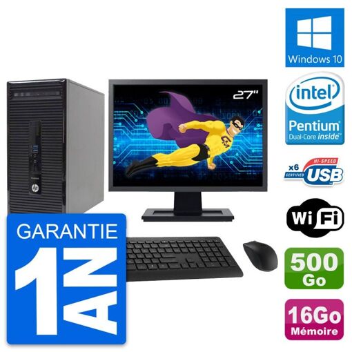 PC de escritorio HP ProDesk 400 G2 MT - Pantalla de 27'', Procesador Intel Pentium G3220, 16GB de RAM, Disco duro de 500GB, Windows 10, WiFi