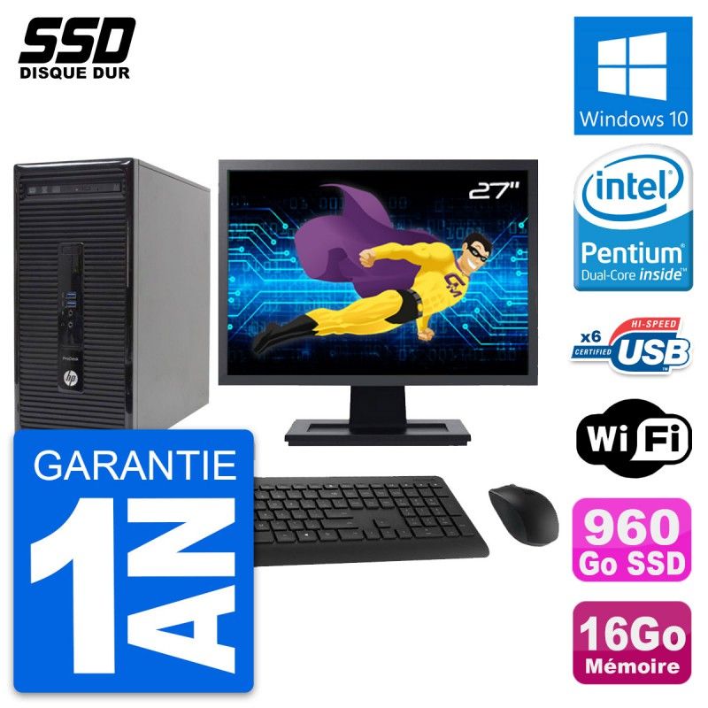 HP ProDesk 400 G2 MT Desktop PC - 27" Screen, Pentium G3220, 16GB RAM, 960GB SSD, Windows 10, WiFi